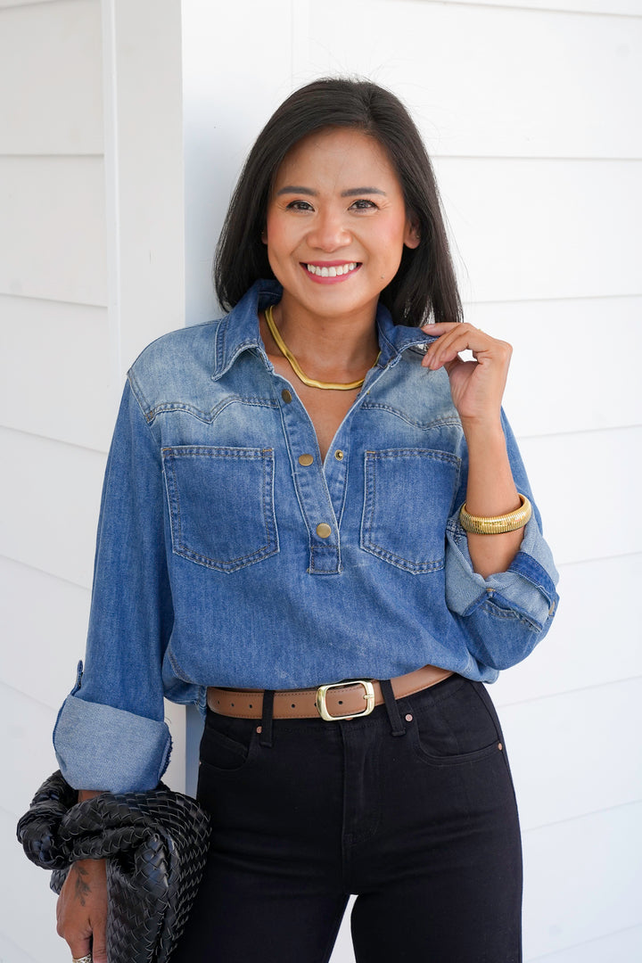 Washed Long Sleeve Button Up Top