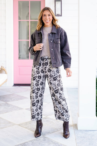 Twill Rose Printed Barrel Pants