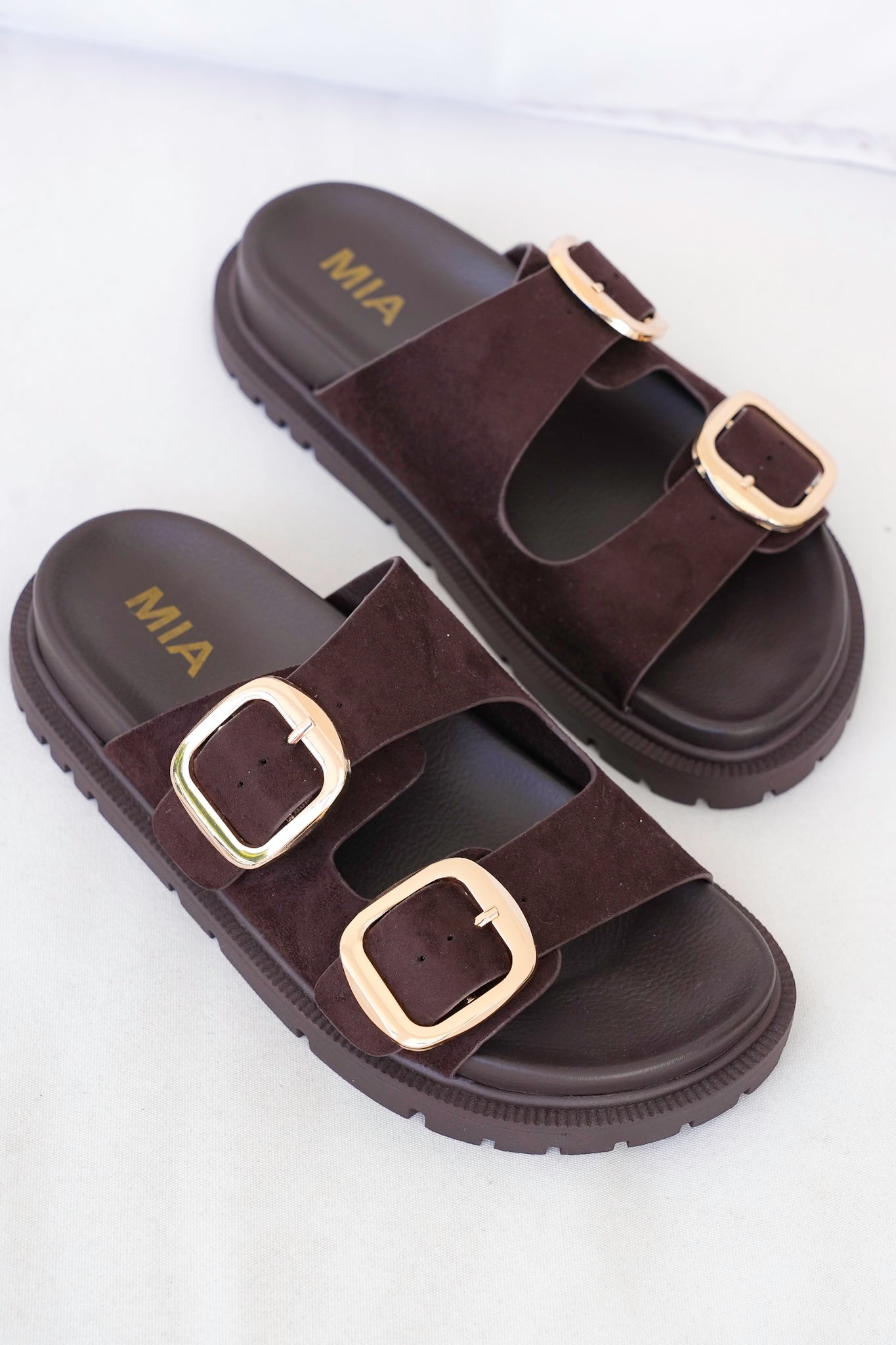 MIA Double Buckle Platform Slide Sandals with Gold Accents