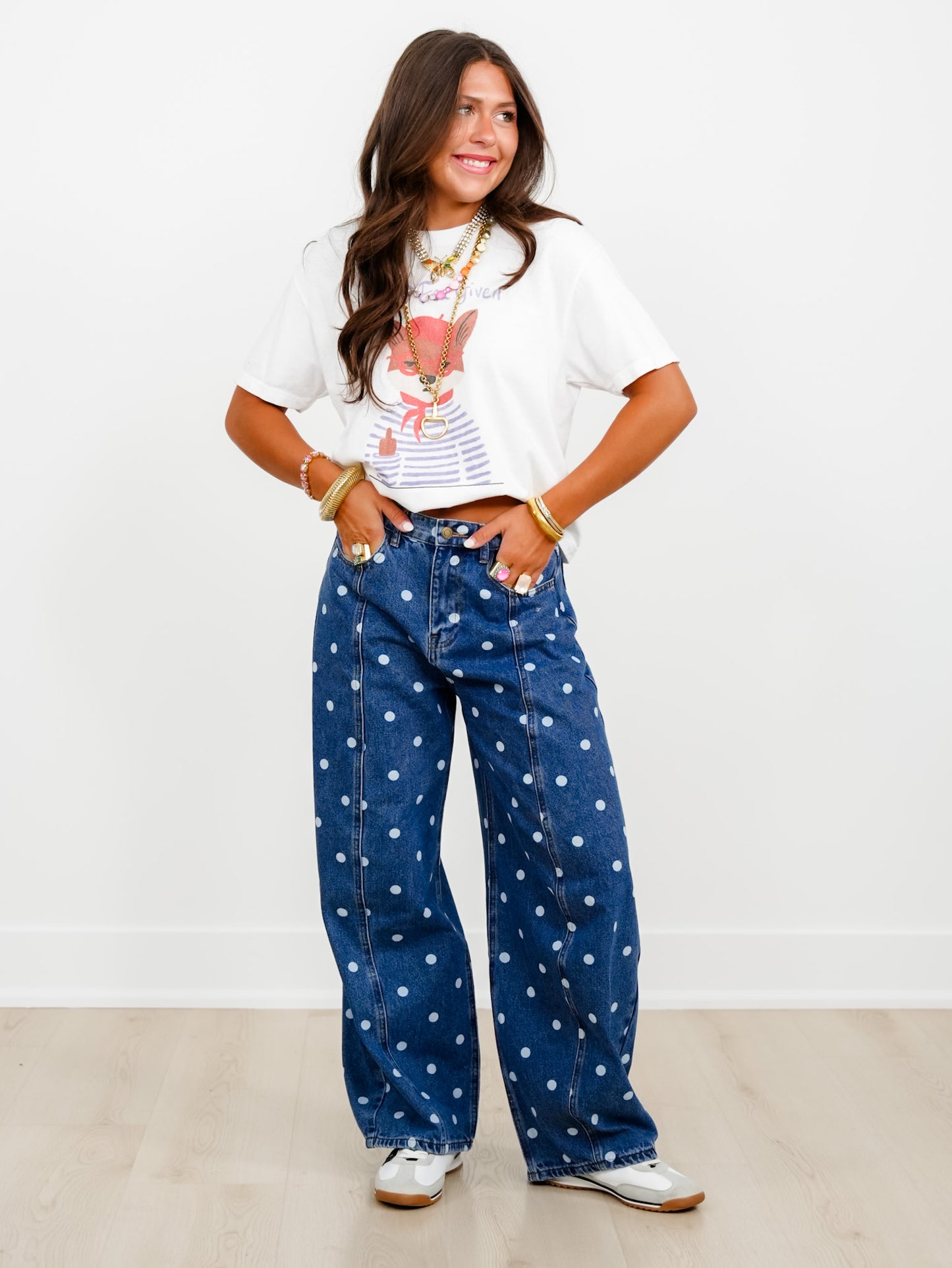 Medium Wash Polka Dot Barrel Pants