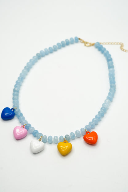 Gemelli Larissa Blue Beaded Necklace with Colorful Heart Charms