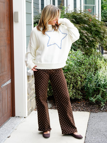 Plus/Reg Long Sleeve Crew Neck Pullover Sweater with Star Detail