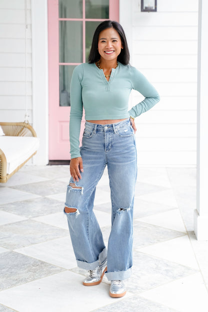 Ribbed Long Sleeve Button Up Cropped Top