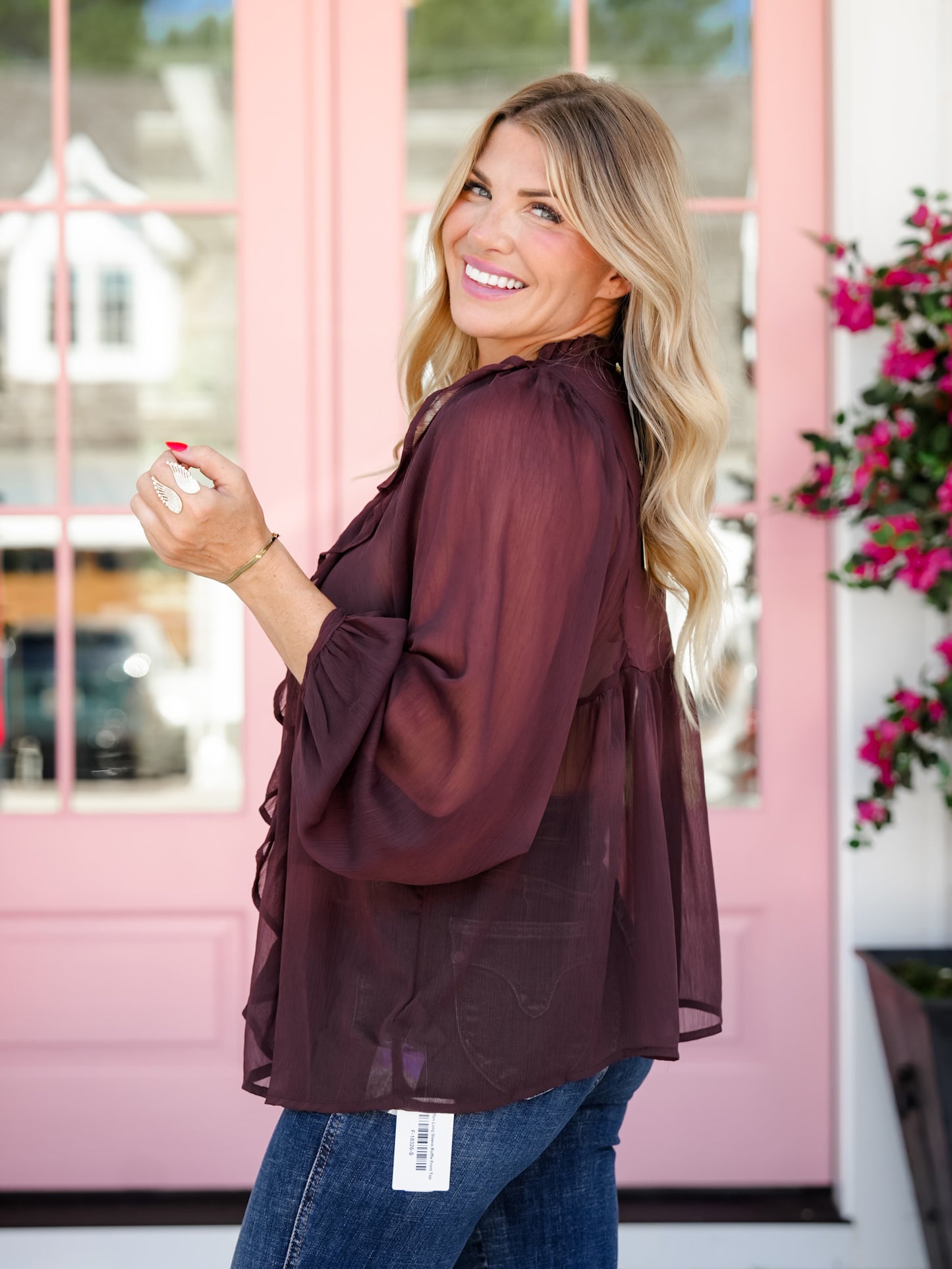Chiffon Long Sleeve Ruffle Front Top