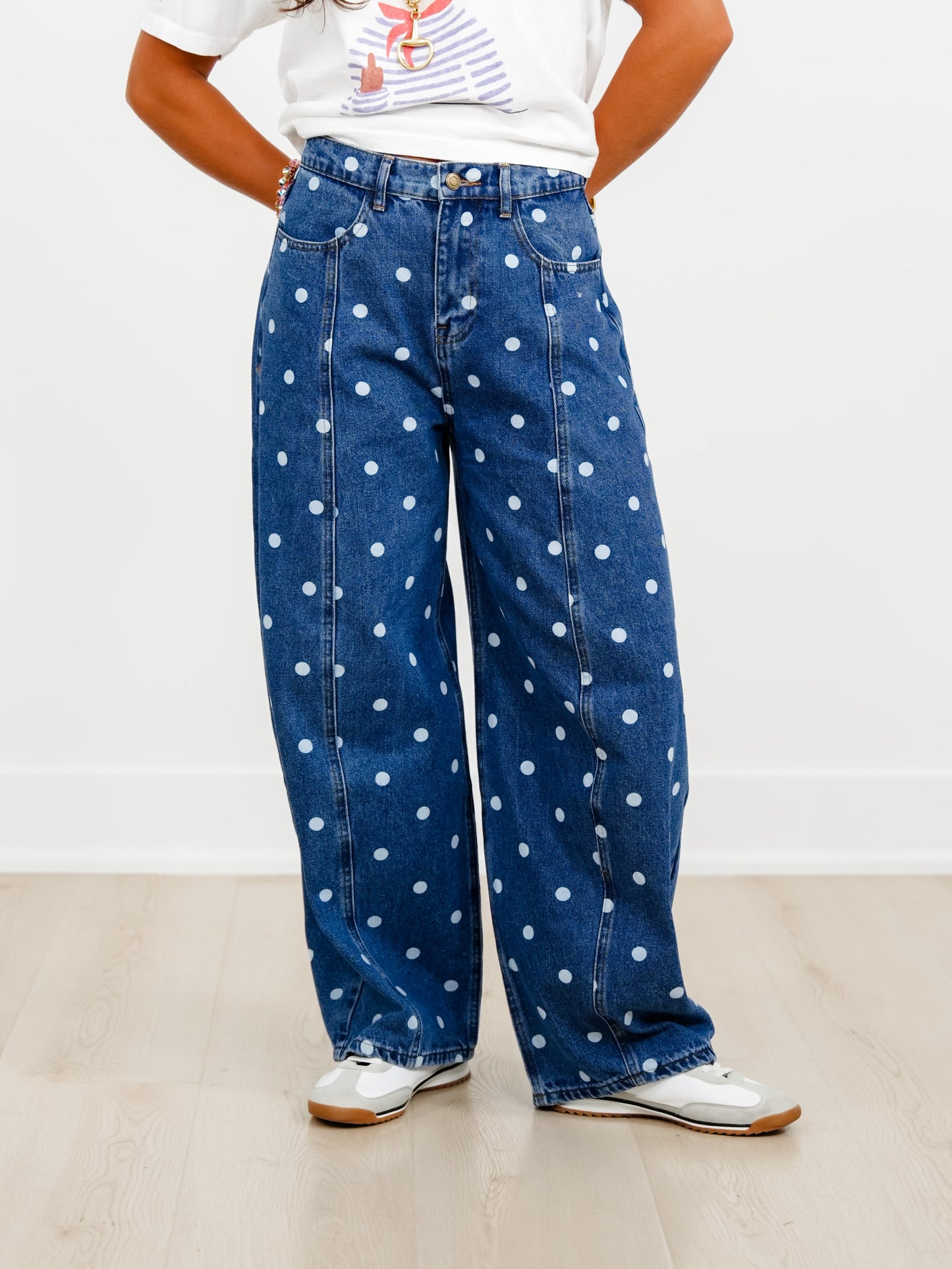 Medium Wash Polka Dot Barrel Pants