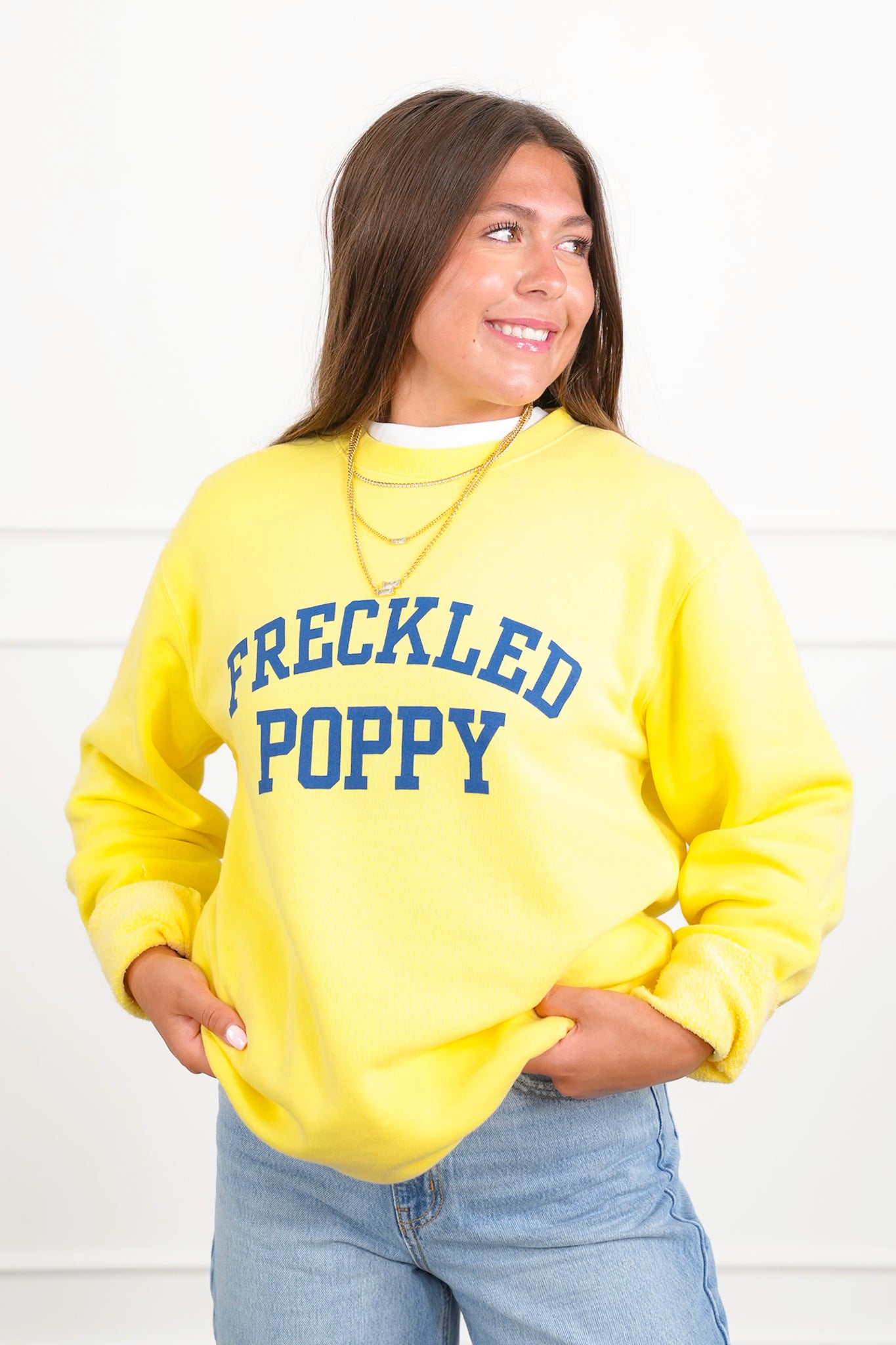 Plus/Reg Yellow Long Sleeve "Freckled Poppy" Graphic Sweatshirt