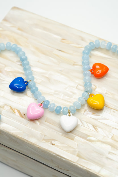 Gemelli Larissa Blue Beaded Necklace with Colorful Heart Charms