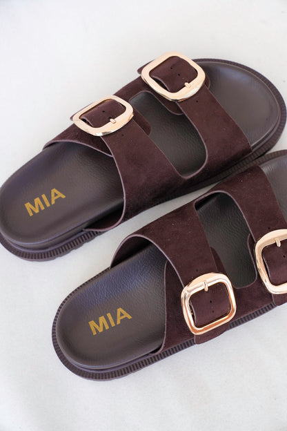 MIA Double Buckle Platform Slide Sandals with Gold Accents