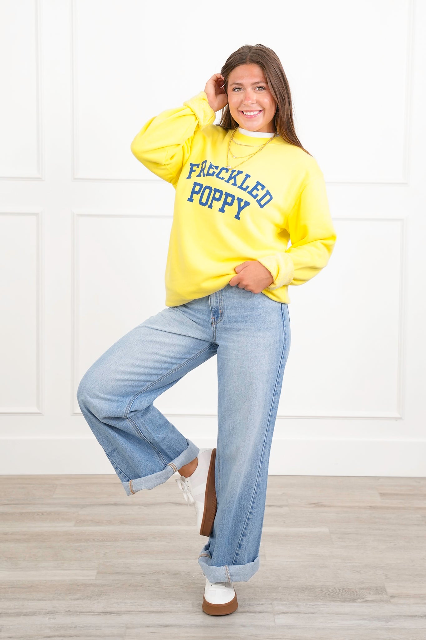 Plus/Reg Yellow Long Sleeve "Freckled Poppy" Graphic Sweatshirt