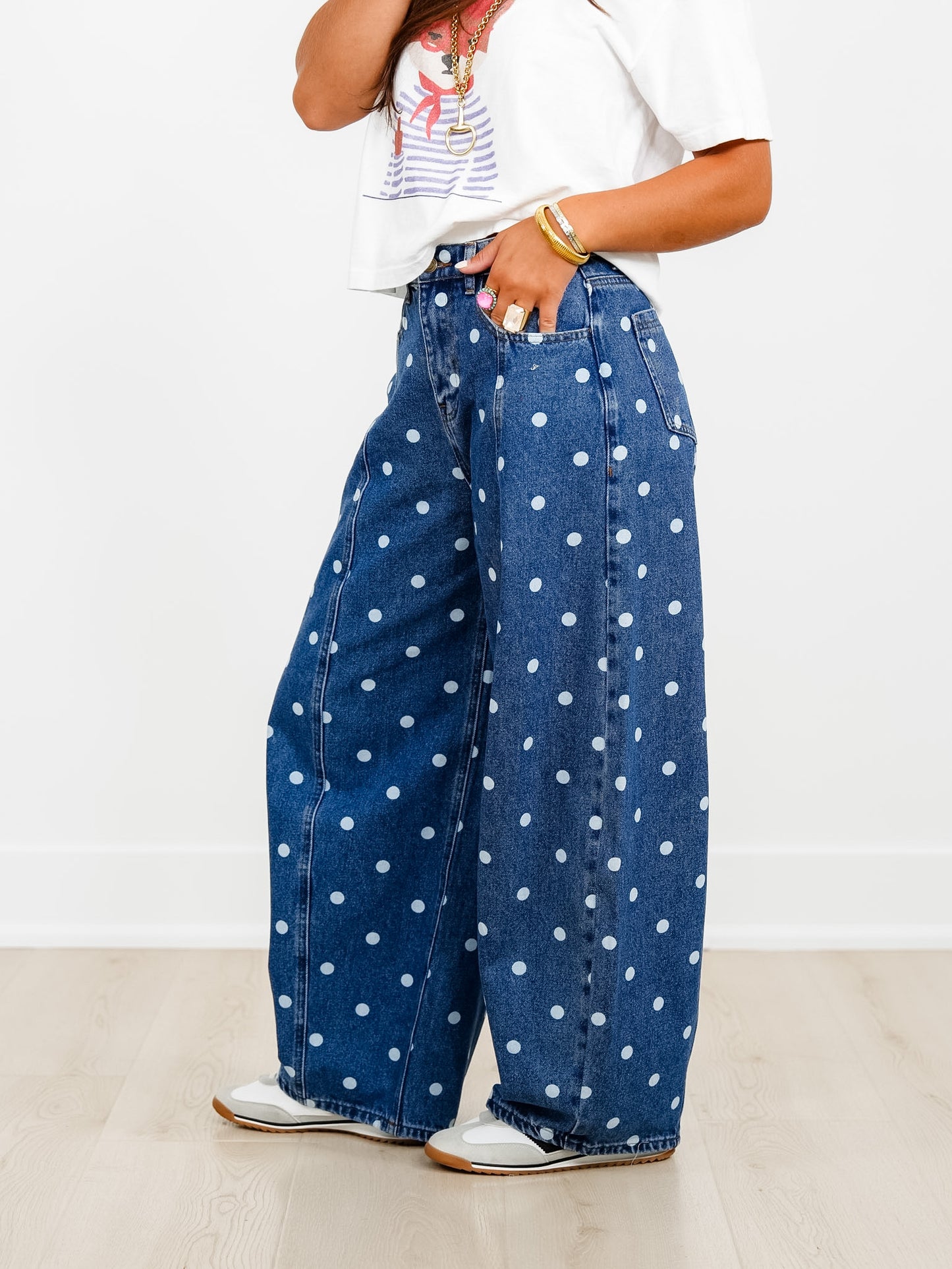 Medium Wash Polka Dot Barrel Pants