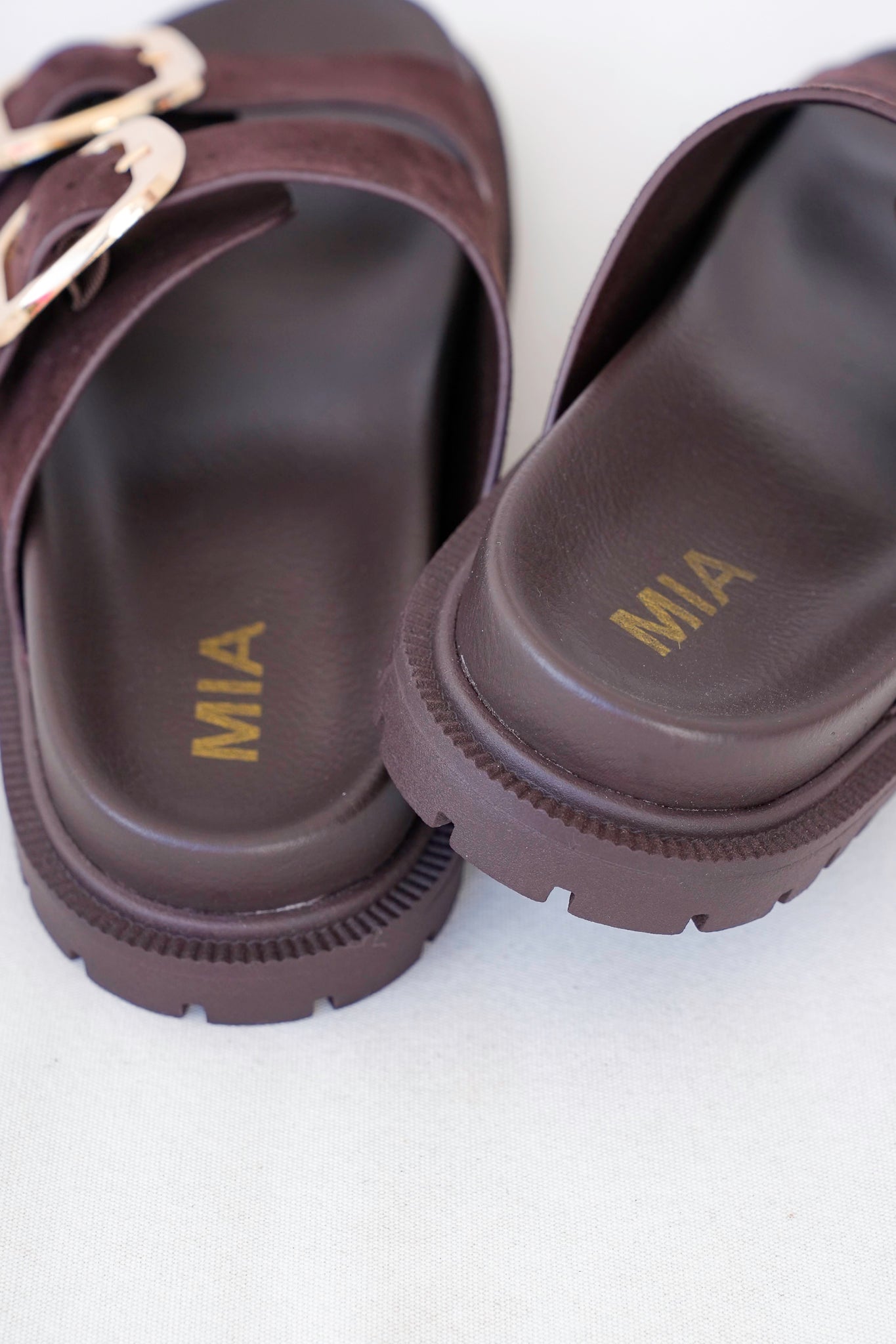 MIA Double Buckle Platform Slide Sandals with Gold Accents