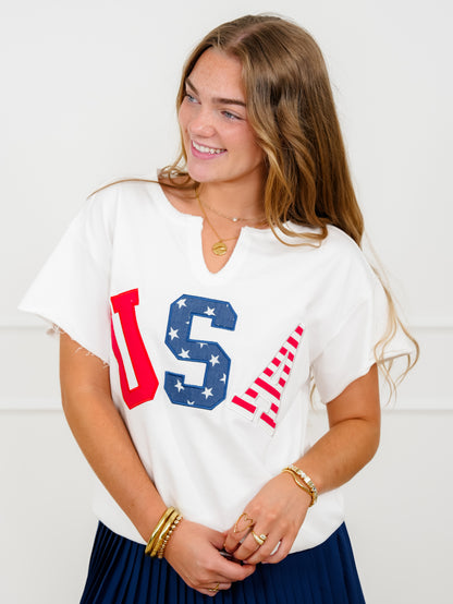 Plus/Reg Short Sleeve "USA" Patch French Terry Top