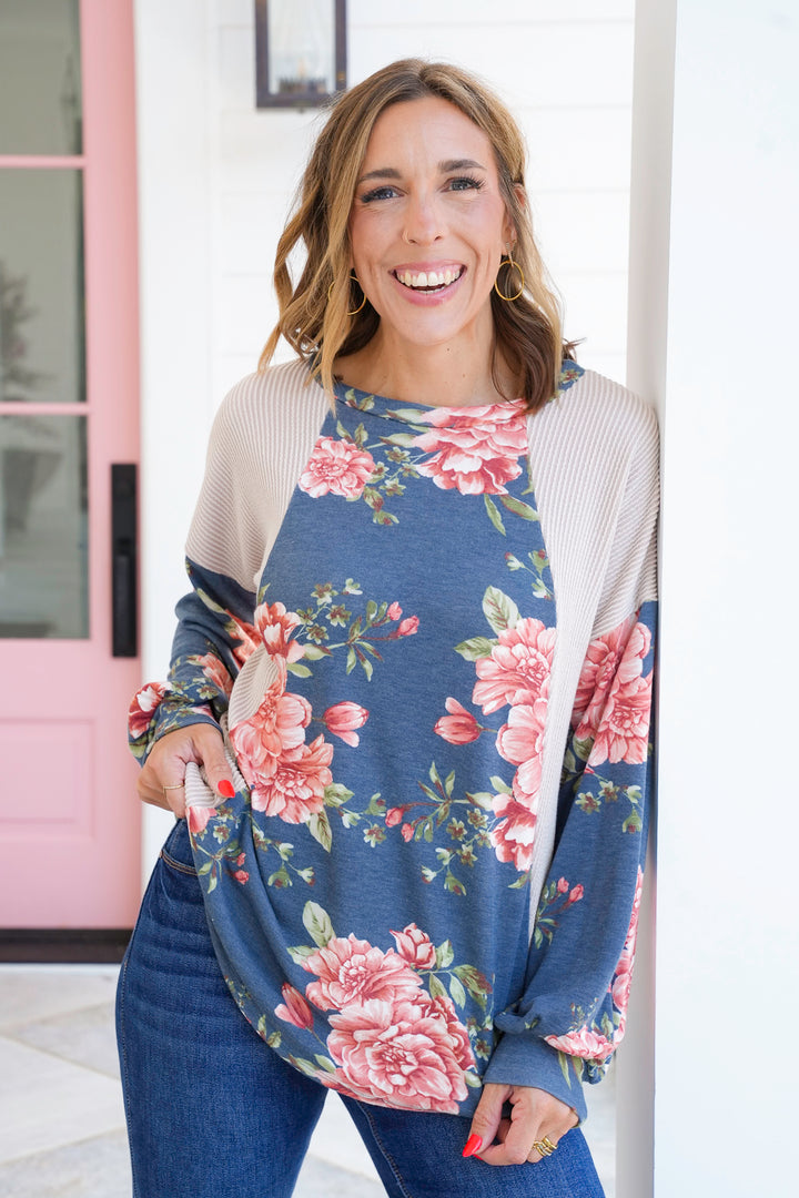 Plus/Reg Urban Ribbed Long Sleeve Top with Floral Detail