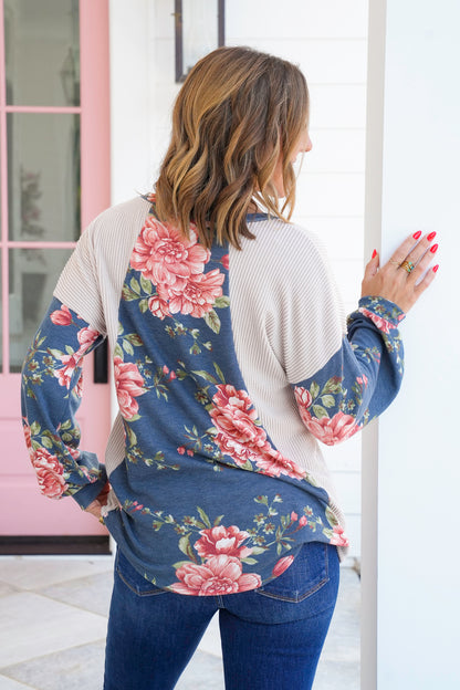 Plus/Reg Urban Ribbed Long Sleeve Top with Floral Detail
