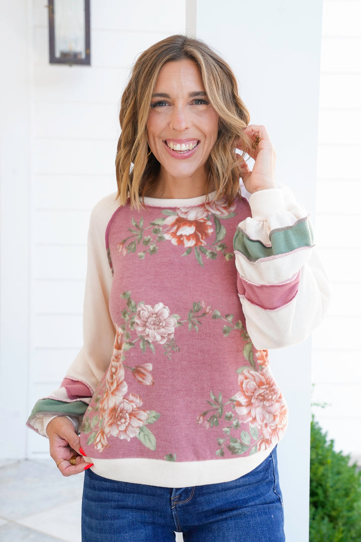Plus/Reg Color Block Long Sleeve Top with Floral Detail