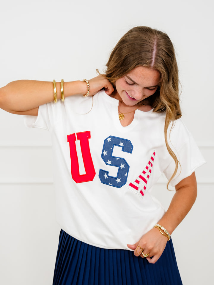 Plus/Reg Short Sleeve "USA" Patch French Terry Top