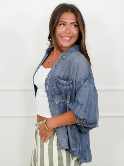 Dark Wash Chambray Dolman Sleeve Button Down Top