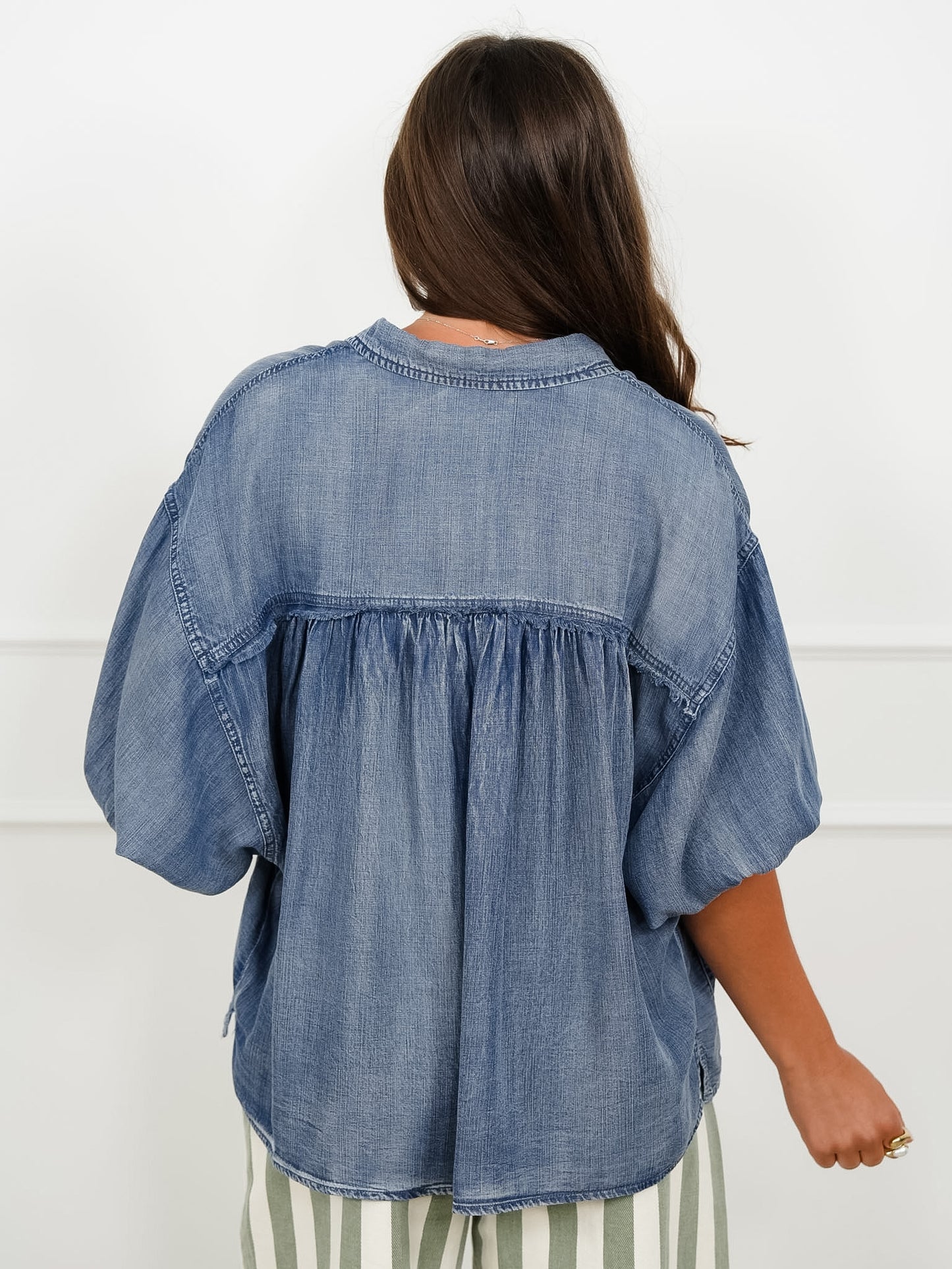 Dark Wash Chambray Dolman Sleeve Button Down Top