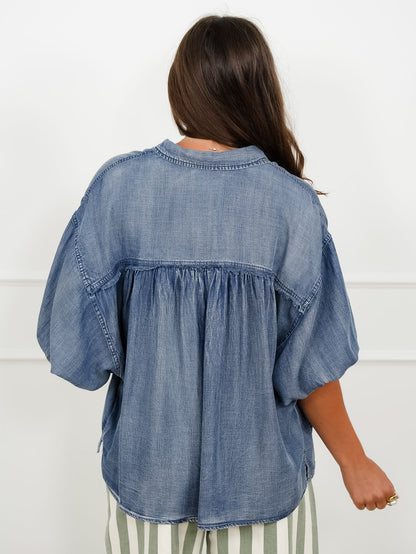 Dark Wash Chambray Dolman Sleeve Button Down Top