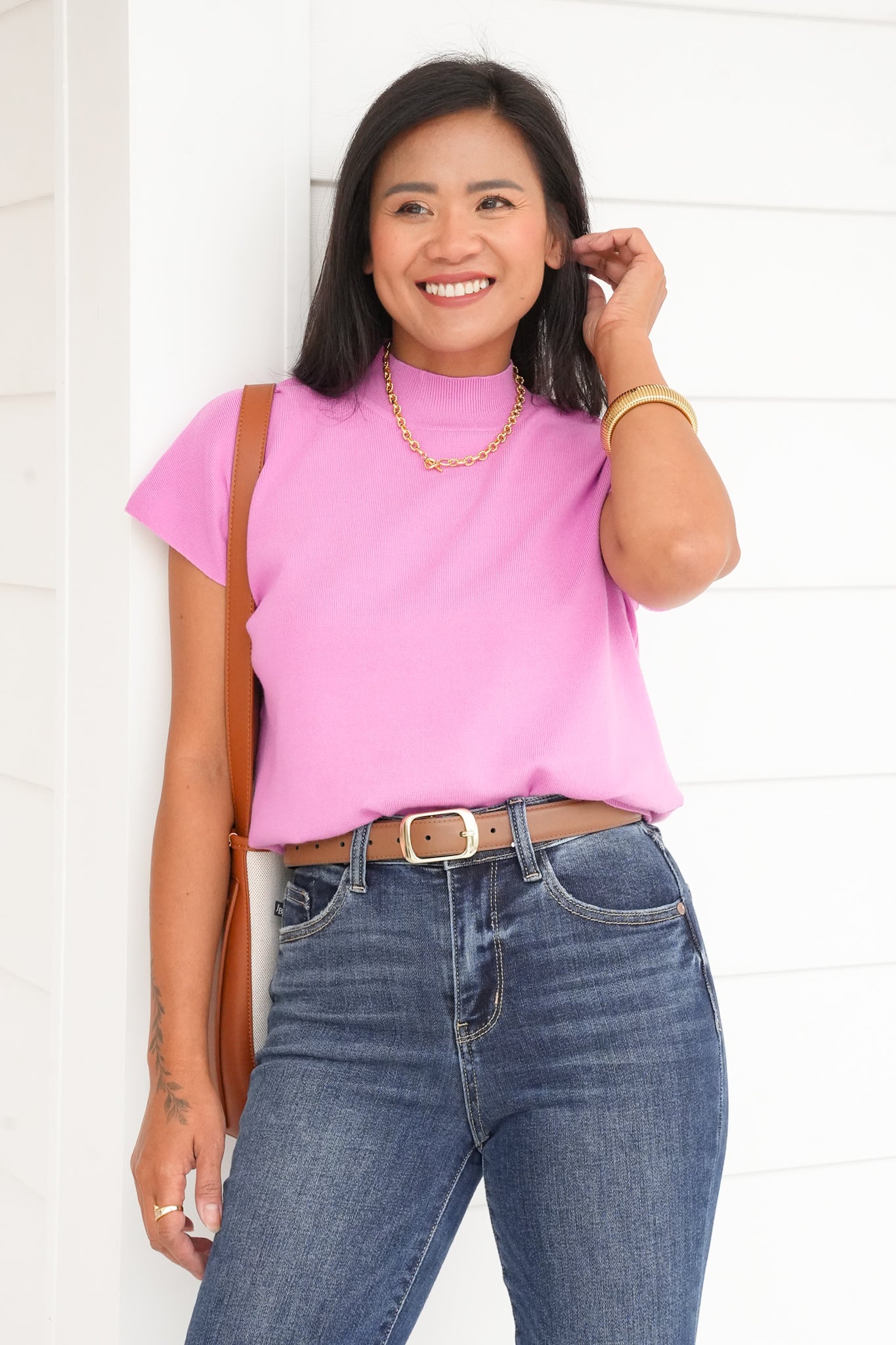 Plus/Reg Cap Sleeve High Neck Sweater Top