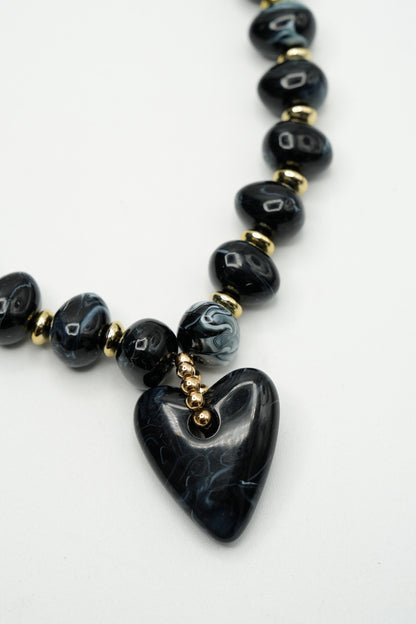 Gemelli Athens Black Beaded Heart Charm Necklace