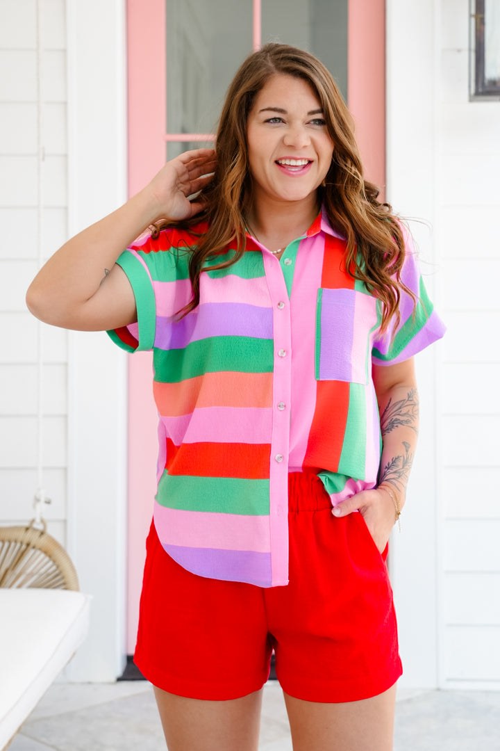 Multi Color Short Sleeve Button Down Top