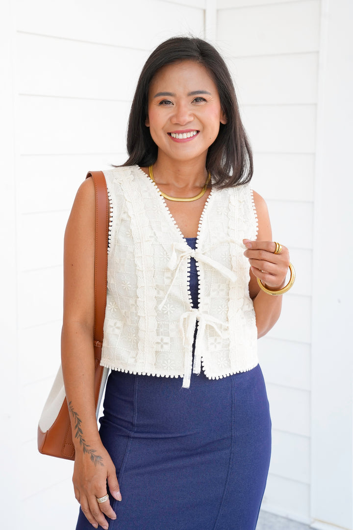 Floral Embroidered Lace Tie Front Vest