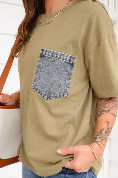 Plus/Reg Short Sleeve Crew Neck Top with Denim Pocket