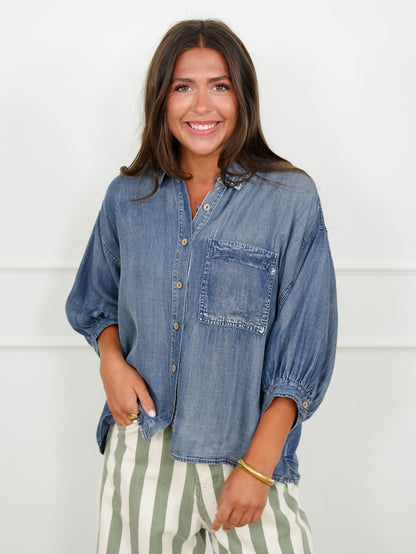 Dark Wash Chambray Dolman Sleeve Button Down Top