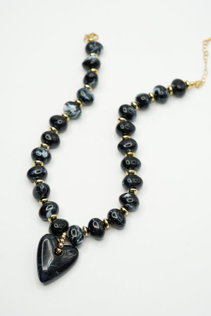 Gemelli Athens Black Beaded Heart Charm Necklace
