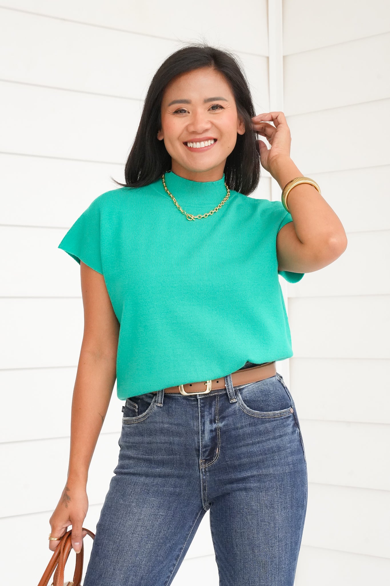 Plus/Reg Cap Sleeve High Neck Sweater Top