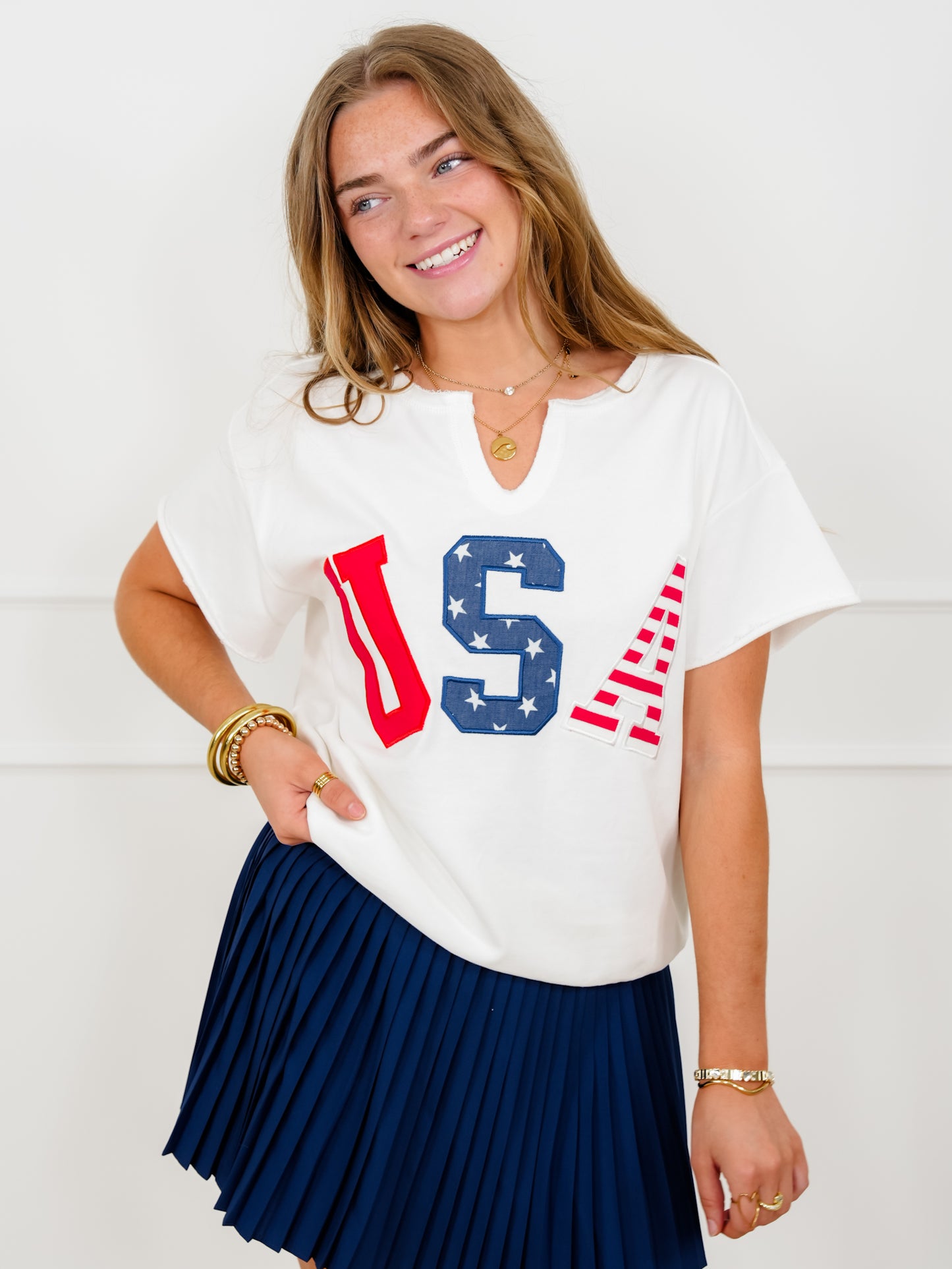 Plus/Reg Short Sleeve "USA" Patch French Terry Top
