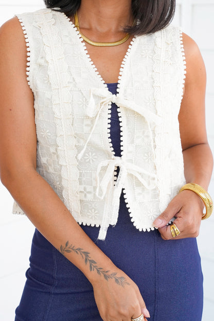 Floral Embroidered Lace Tie Front Vest
