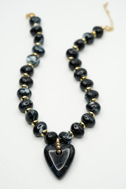 Gemelli Athens Black Beaded Heart Charm Necklace