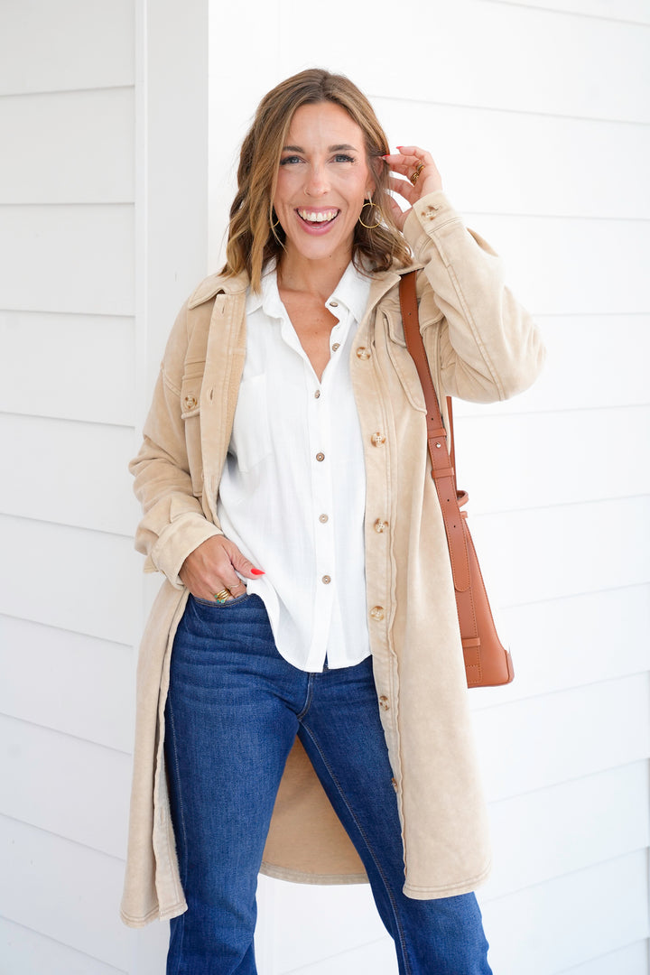 Mineral Washed Long Sleeve Button Up Jacket