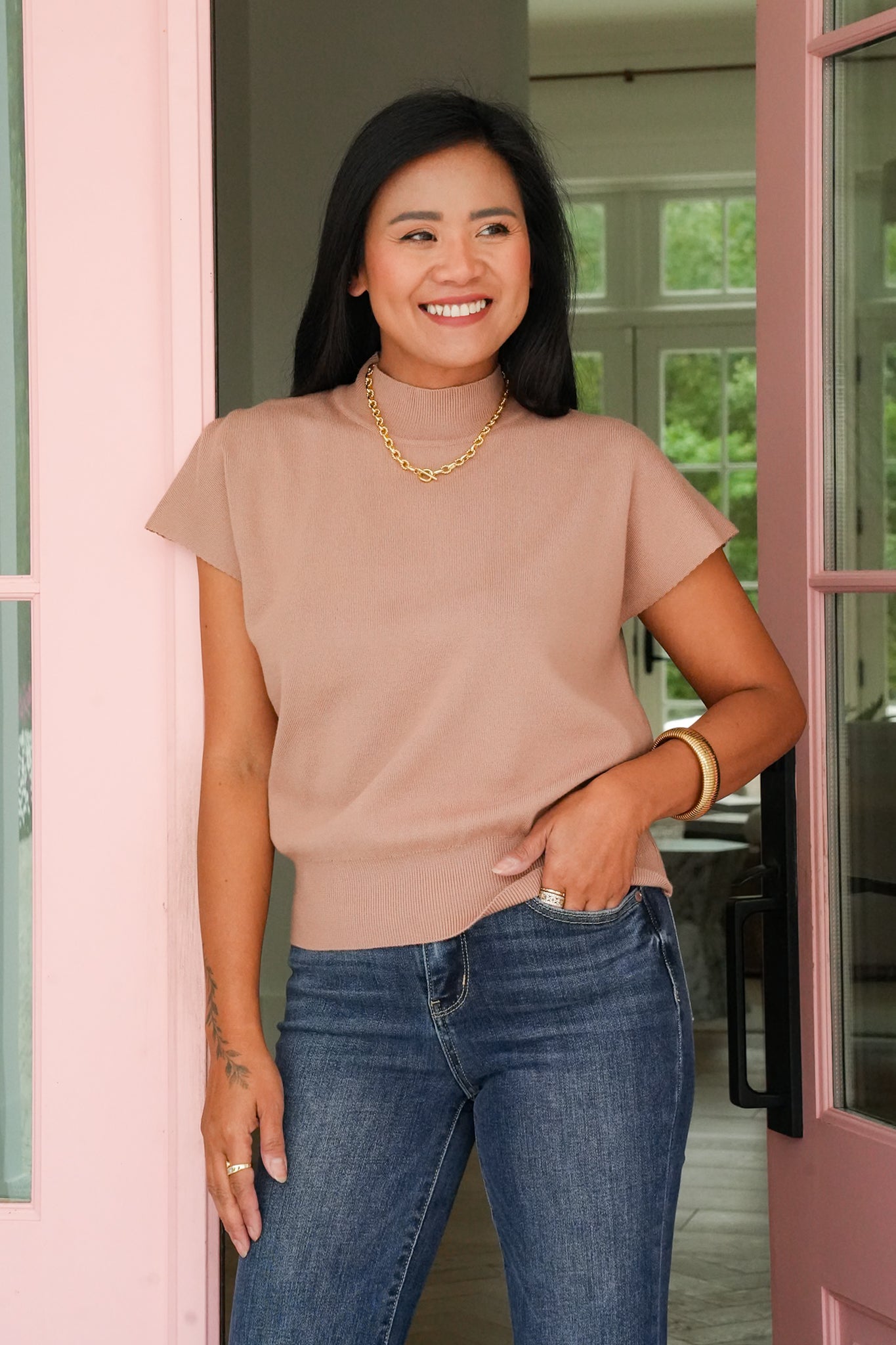 Plus/Reg Cap Sleeve High Neck Sweater Top
