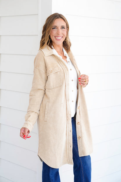 Mineral Washed Long Sleeve Button Up Jacket