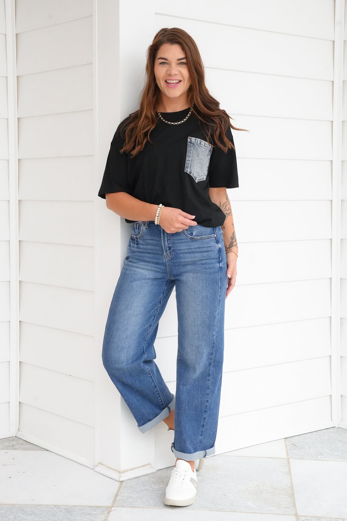 Plus/Reg Short Sleeve Crew Neck Top with Denim Pocket