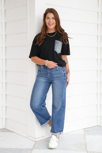 Plus/Reg Short Sleeve Crew Neck Top with Denim Pocket
