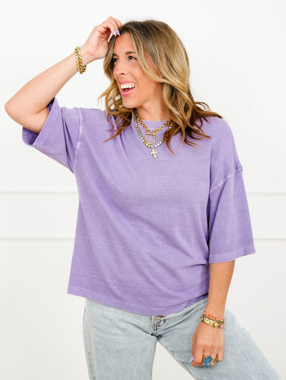 Door Buster! Washed Half Sleeve Crew Neck Drop Shoulder Top