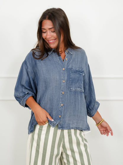 Dark Wash Chambray Dolman Sleeve Button Down Top