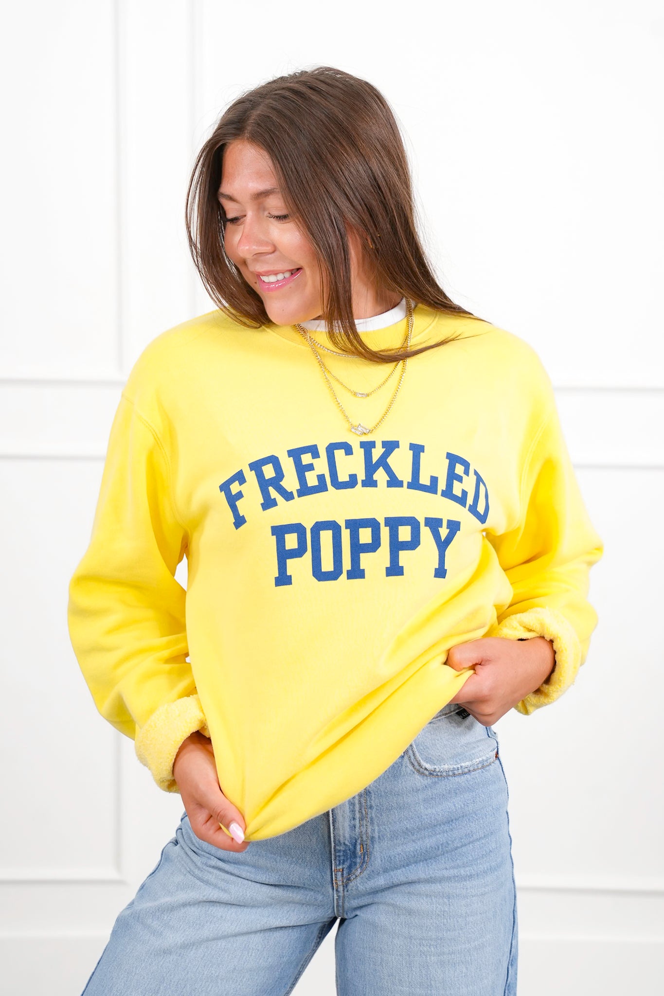 Plus/Reg Yellow Long Sleeve "Freckled Poppy" Graphic Sweatshirt