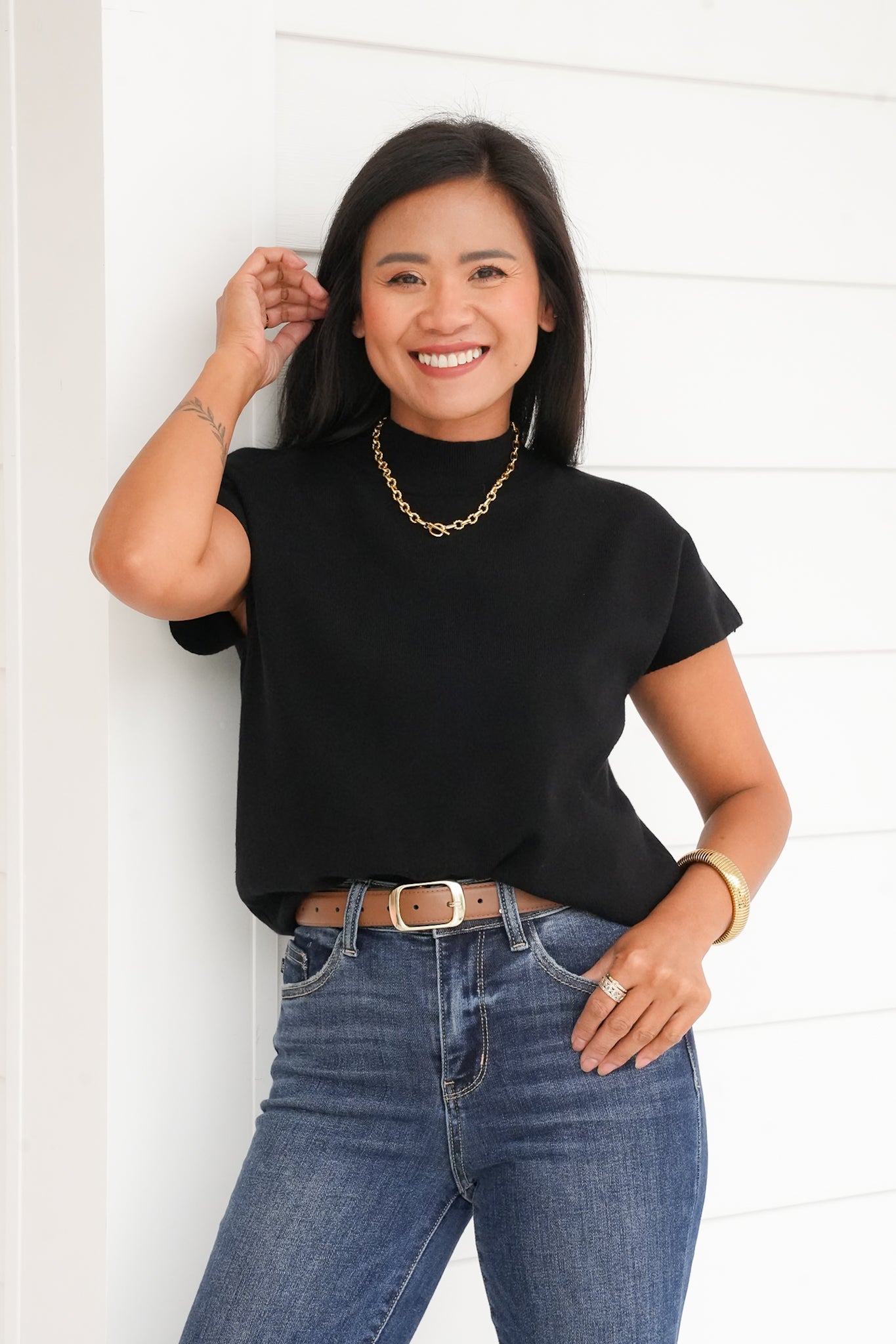 Plus/Reg Cap Sleeve High Neck Sweater Top