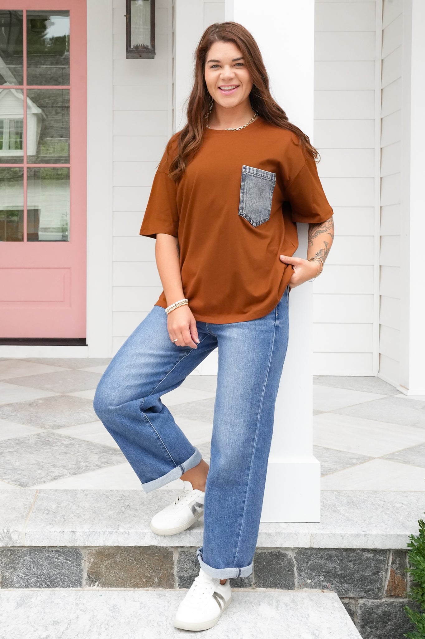 Plus/Reg Short Sleeve Crew Neck Top with Denim Pocket