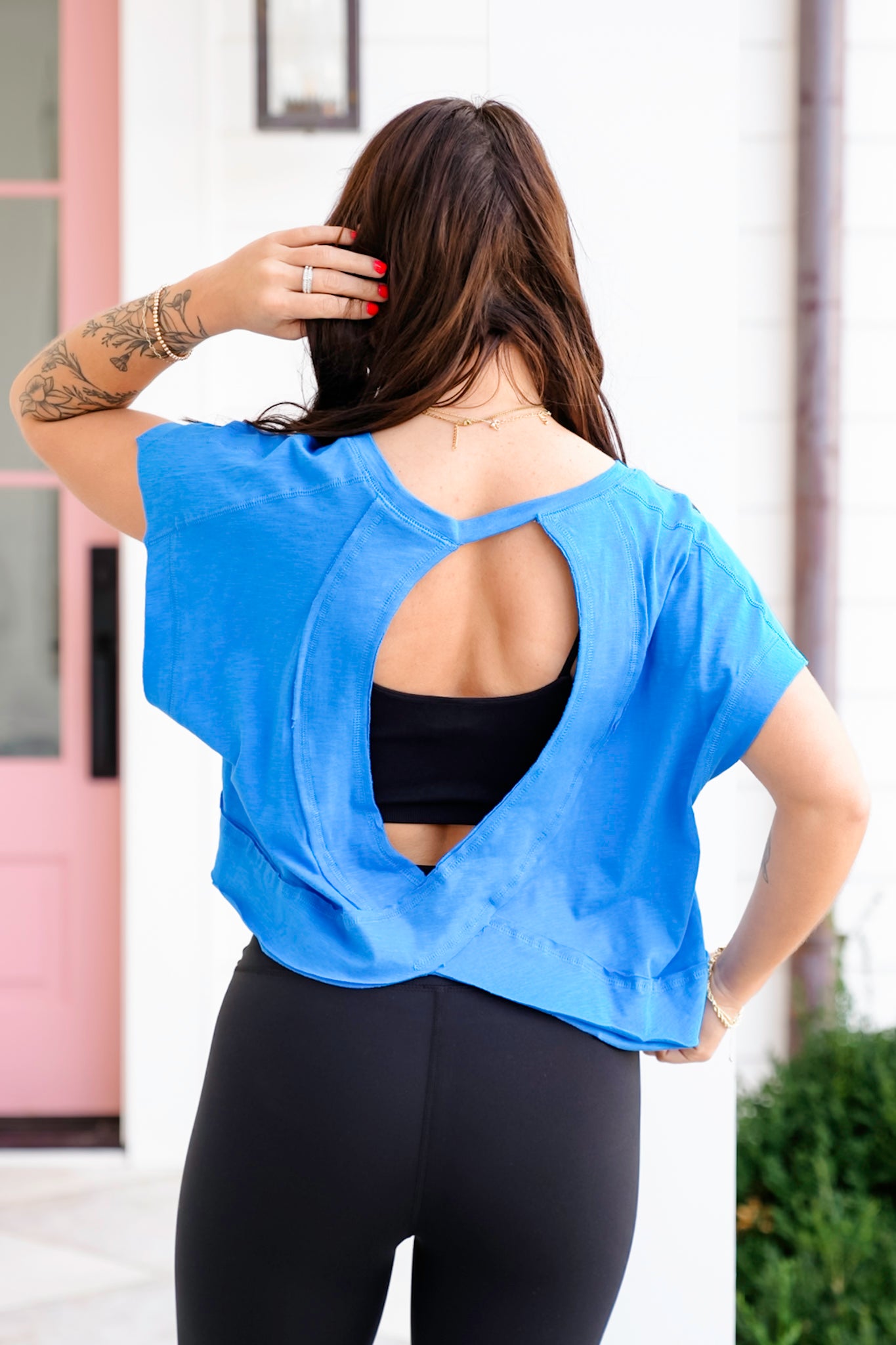 Solid Short Sleeve Open Back Top