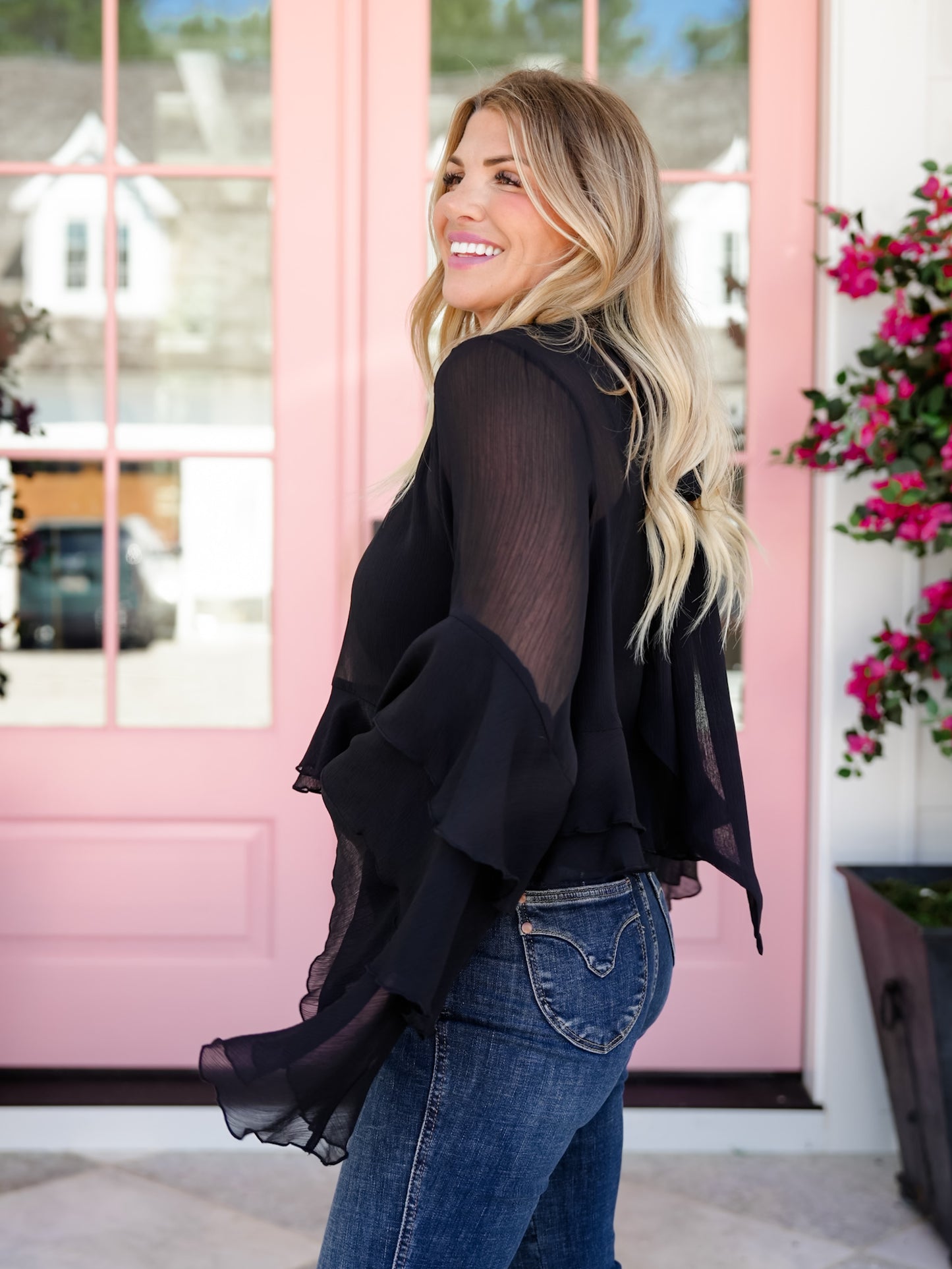 Chiffon Long Ruffle Bell Sleeve Mock Neck Top