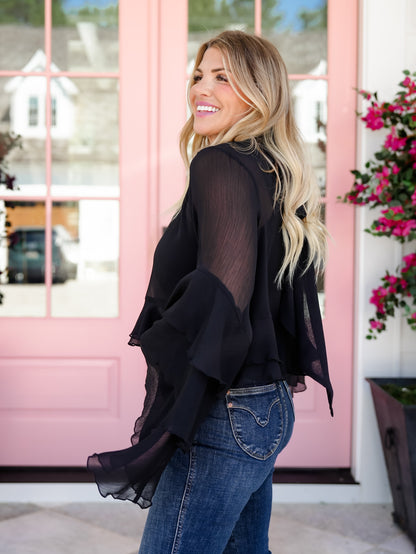 Chiffon Long Ruffle Bell Sleeve Mock Neck Top