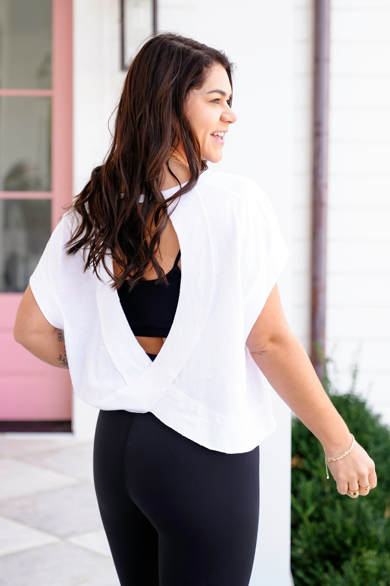 Solid Short Sleeve Open Back Top