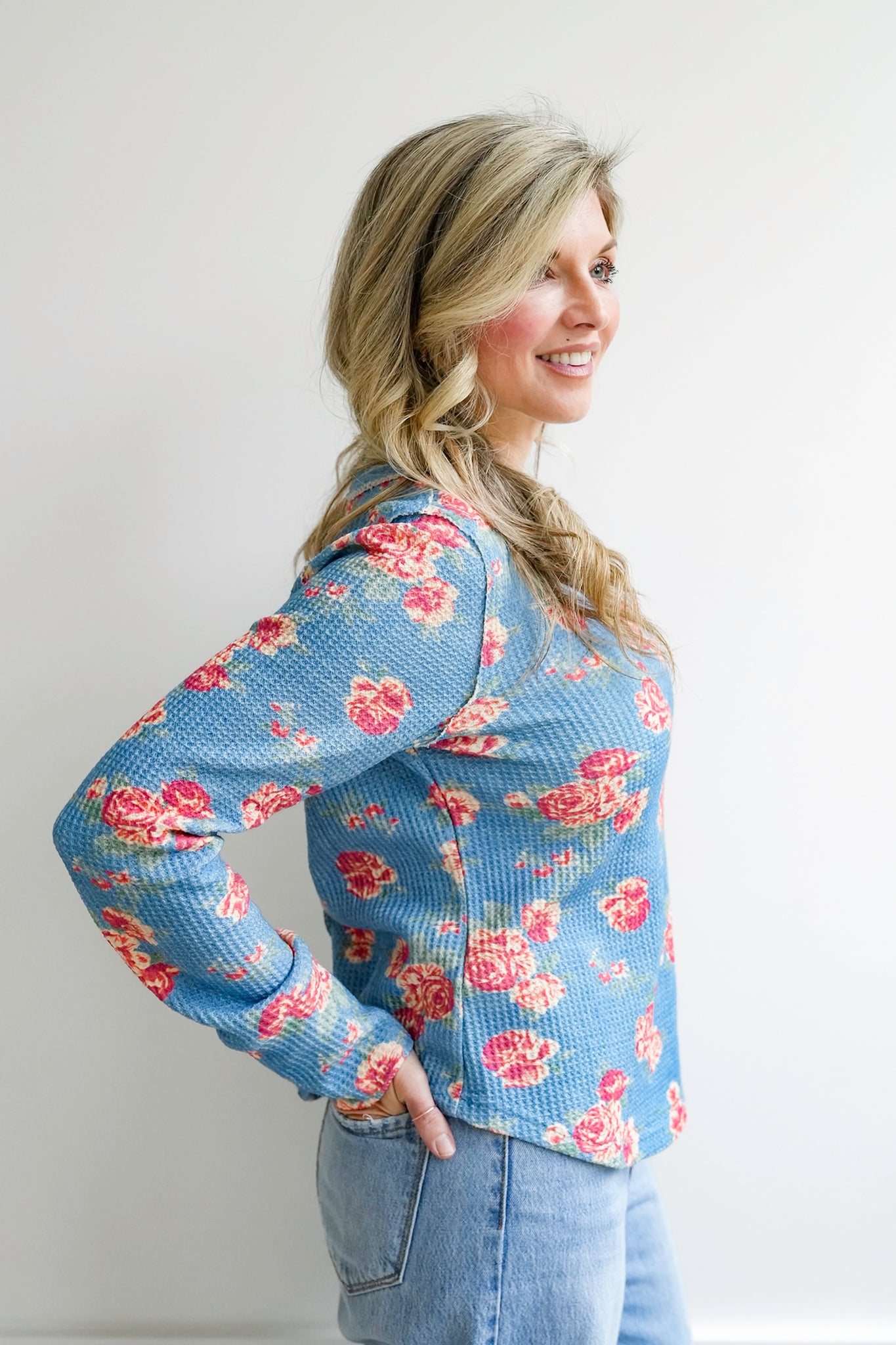 Washed Floral Waffle Knit Long Sleeve Top