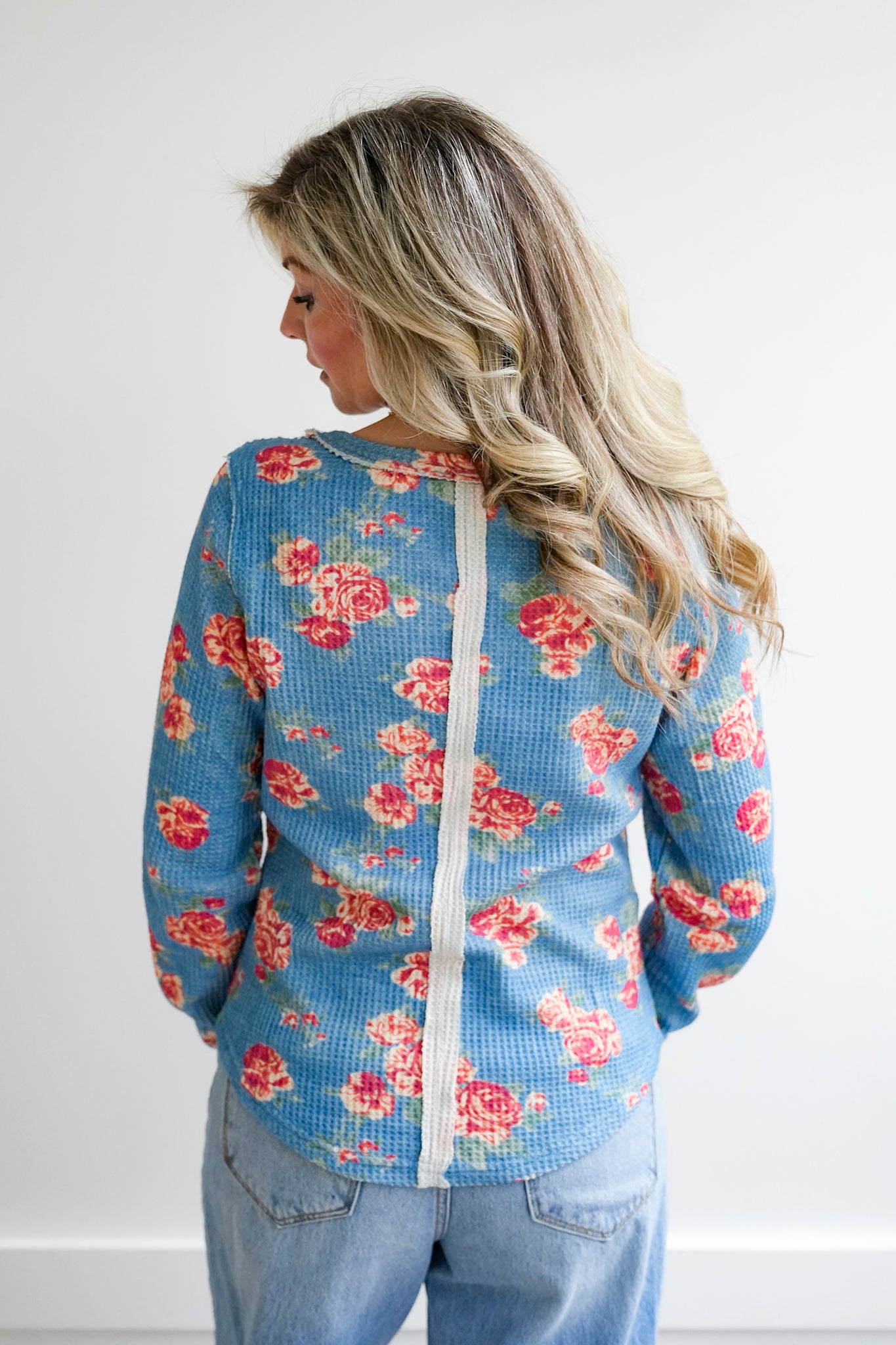 Washed Floral Waffle Knit Long Sleeve Top
